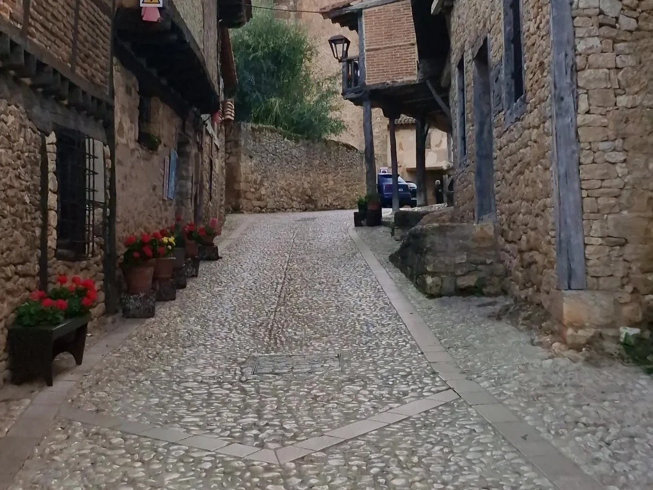 Calle empedrada de Calatañazor con casas de piedra y macetas