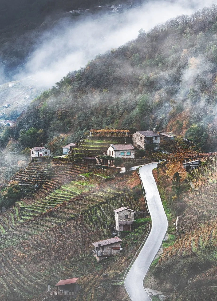 Aldea de la Ribeira Sacra entre la niebla