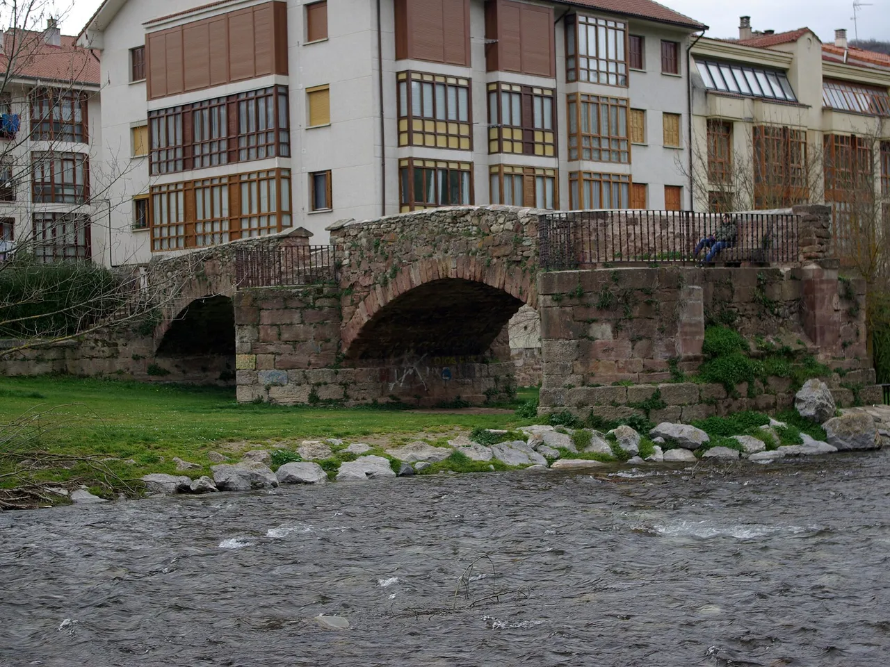 Puente de piedra y casas junto al río en Ezcaray
