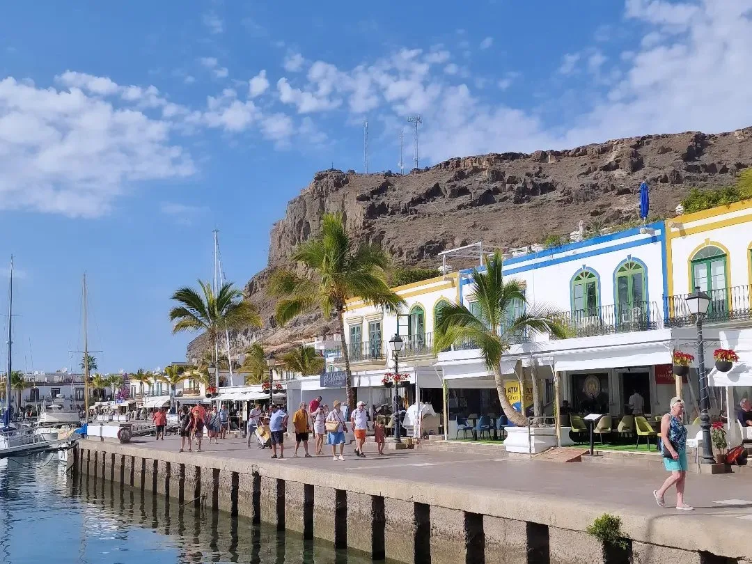 Canal del Puerto de Mogán con casas blancas y flores