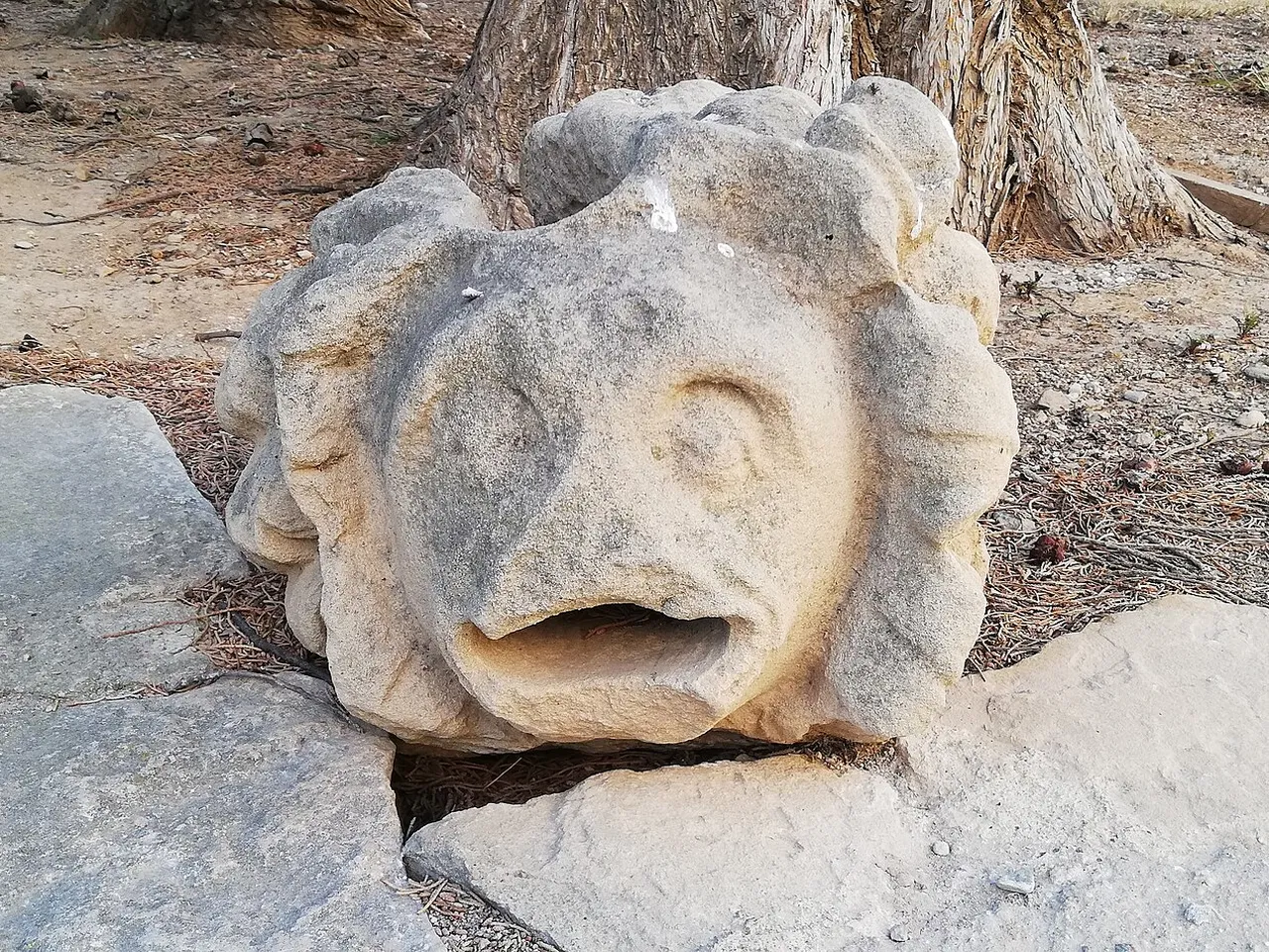 Cabeza esculpida en piedra en el Real Monasterio de Poblet