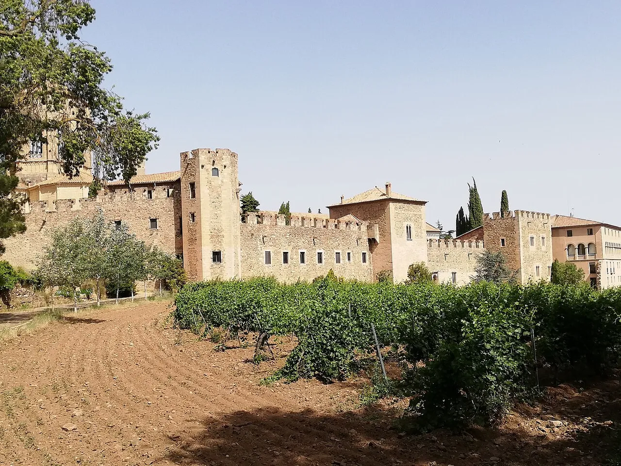 Vista del Real Monasterio de Poblet entre campos y árboles
