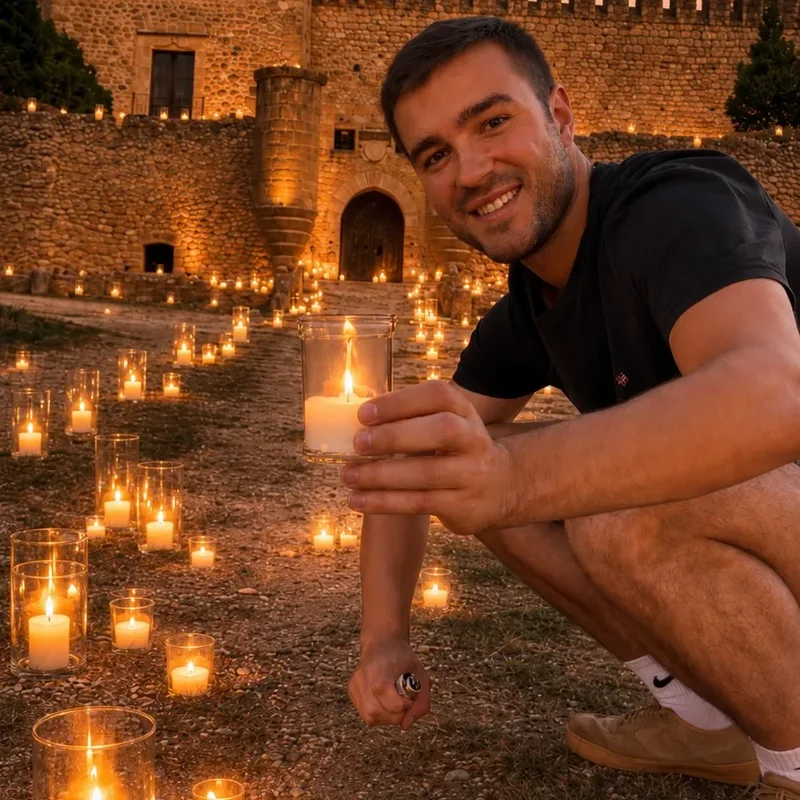 Cheno en Pedraza, entre velas, con el castillo al fondo